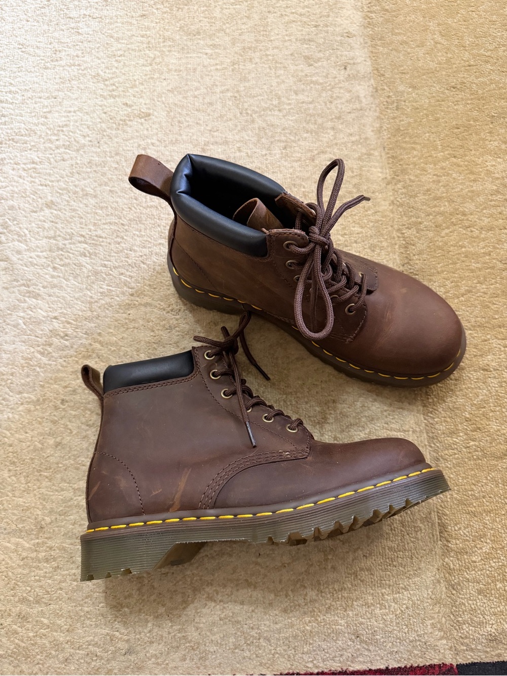 Dr. Martens Brown Leather Lace-Up Men’s Boots with Yellow Stitching